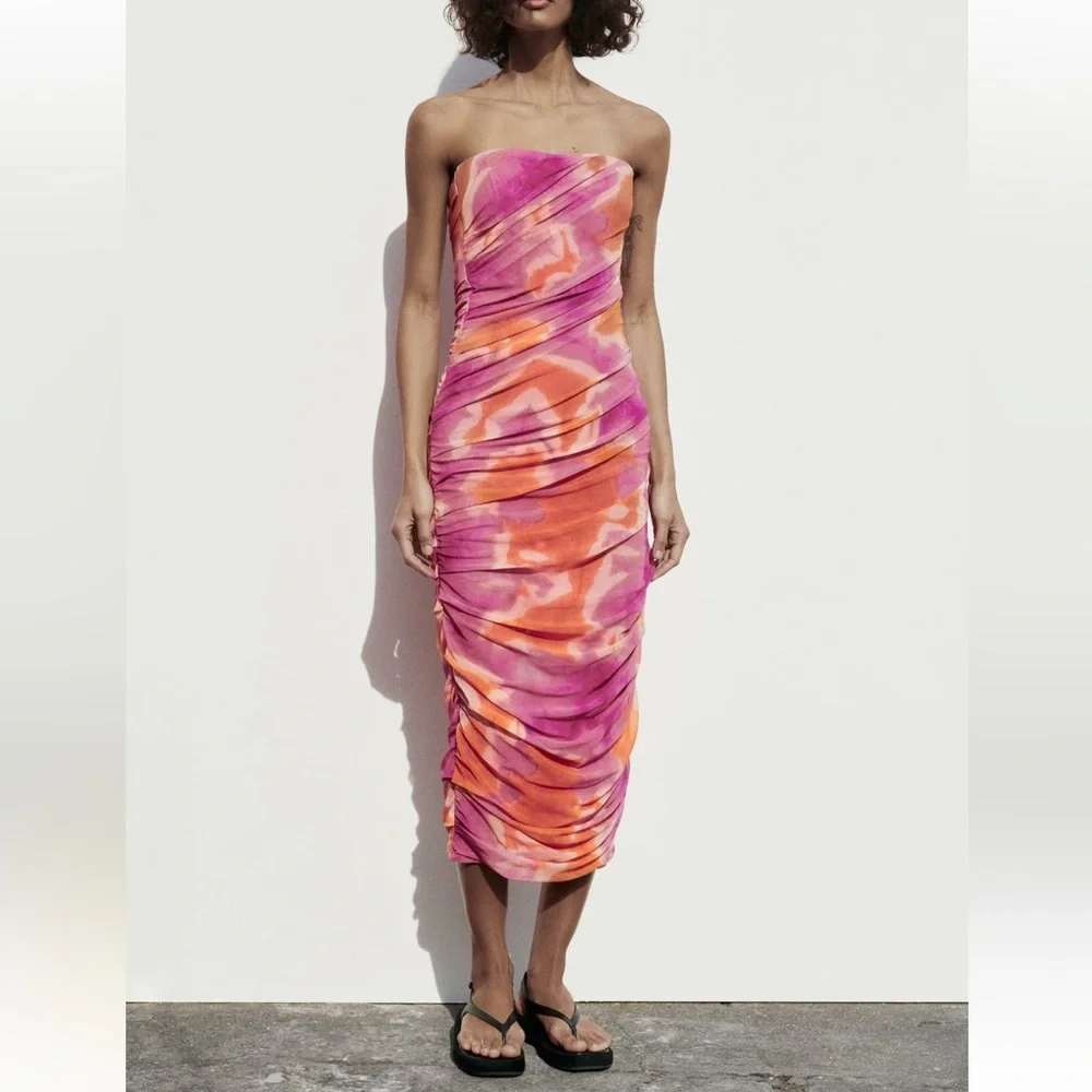 Zara | Dresses | Zara Printed Dress With Tulle Pink Orange Nwt | Poshmark